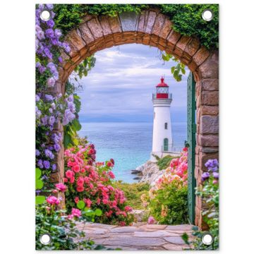 Tuinposter - Doorkijk - Vuurtoren - Bloemen - Uitzicht