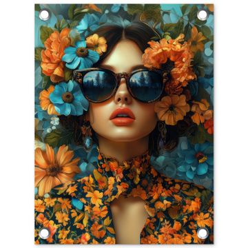 Tuinposter - Vrouw - Bloemen - Oranje - Blauw - Modern