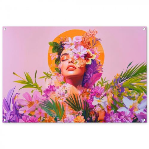 Tuinposter - Vrouw - Abstract - Cirkel - Bloemen
