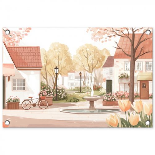 Tuinposter - Dorpsplein - Fontein - Tulpen