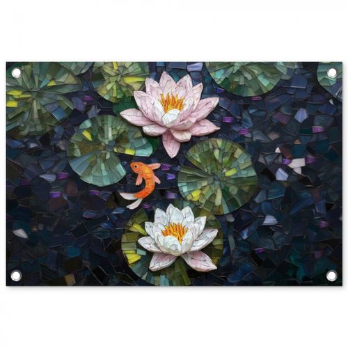 Tuinposter - Glasstukjes - Leliebladeren - Vis - Oranje