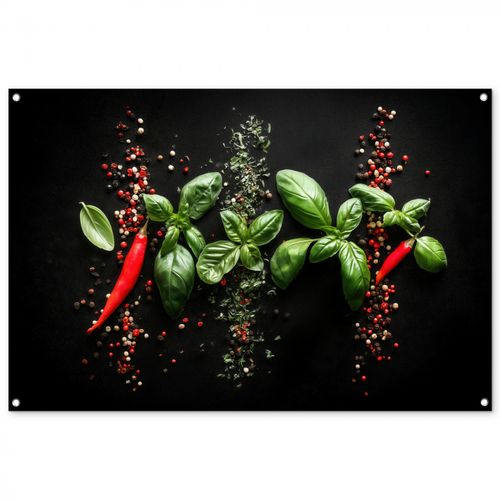 Tuinposter - Chilipepers - Basilicum - Blaadjes - Rood