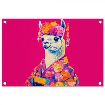 Tuinposter - Lama - Kimono - Bloemenkrans - Felroze