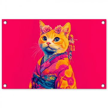 Tuinposter - Kat - Kimono - Bloemen - Roze