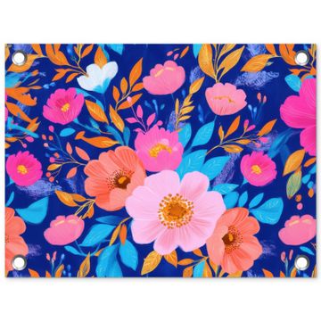 Tuinposter - Bloemen - Blauw - Roze