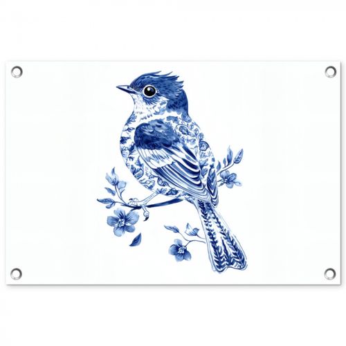 Tuinposter - Vogel - Delfts blauw - Illustratie - Bloemen