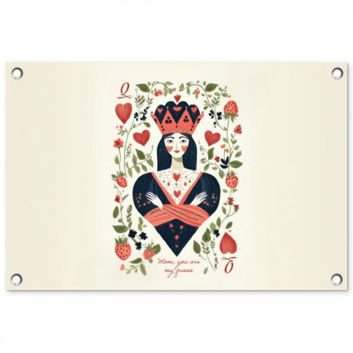 Tuinposter - Speelkaart - Hartenkoningin - Bloemen - Hartjes