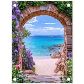 Tuinposter - Doorkijk - Poort - Zee - Strand - Rotsen