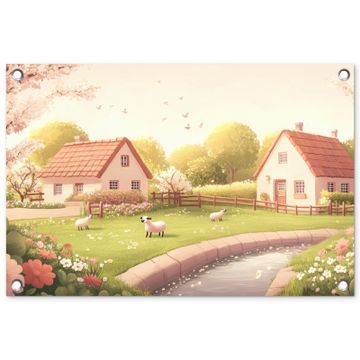 Tuinposter - Schapen - Huisje - Platteland