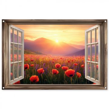 Doorkijk - Klaprozen - Bloemen - Rood - Open raam
