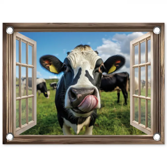 Doorkijk - Koe - Weiland - Dieren - Natuur tuinposter los doek klein -3d