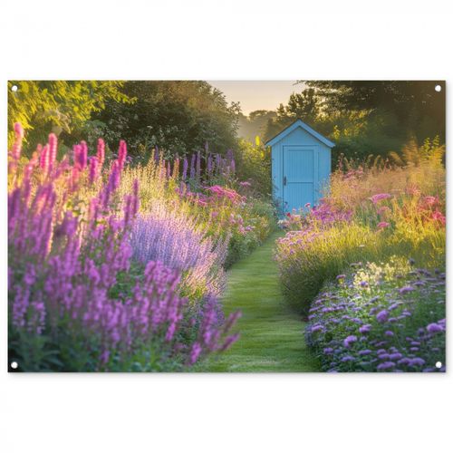 Tuinposter - Tuinhuisje - Blauw - Bloemen