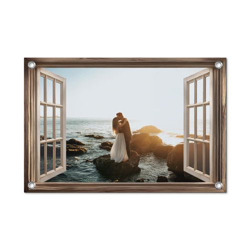 Tuinposter doorkijk met eigen foto - Bruin raam