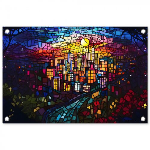 Tuinposter - Stad - Maan - Mozaïek - Kleurrijk