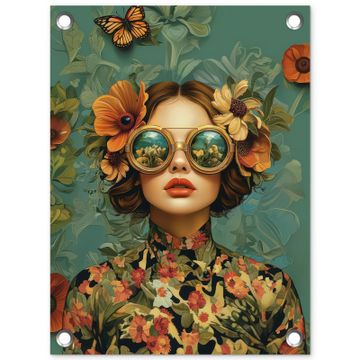 Tuinposter - Vrouw - Bloemen - Vlinders - Natuur - Vintage