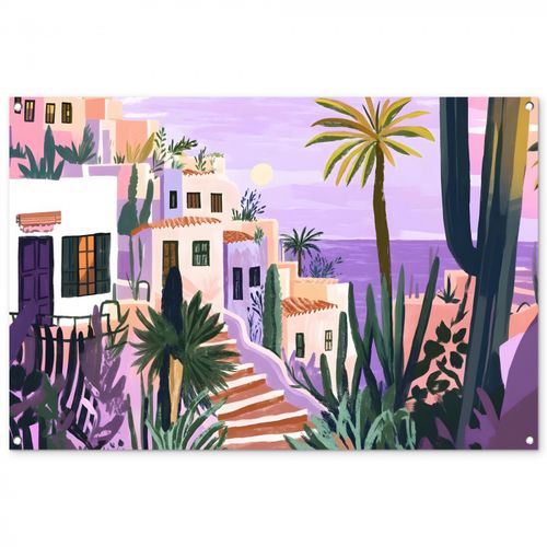 Tuinposter - Huizen - Minimalistisch - Palmbomen - Kust