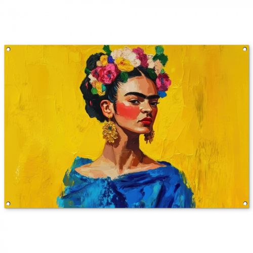 Tuinposter - Frida Kahlo - Vrouw - Geel - Blauw - Bloemen