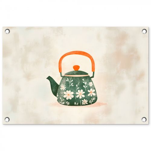 Tuinposter - Theepot - Groen - Bloemen - Oranje
