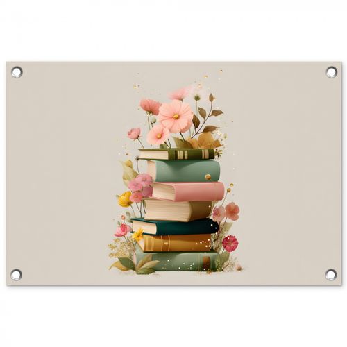 Tuinposter - Boeken - Stapel - Bloemen - Kleurrijk
