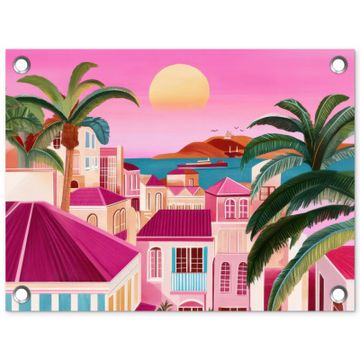 Tuinposter - Stad - Roze - Palmbomen