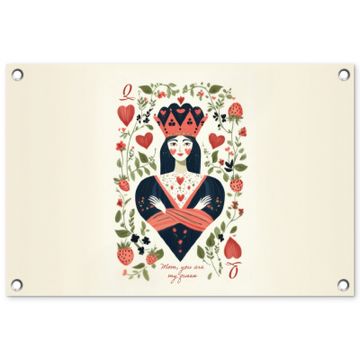 Tuinposter - Speelkaart - Hartenkoningin - Bloemen - Hartjes