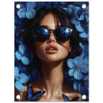 Tuinposter - Vrouw - Blauw - Bloemen - Vlinders - Natuur