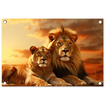 Tuinposter - Leeuwenpaar bij zonsondergang