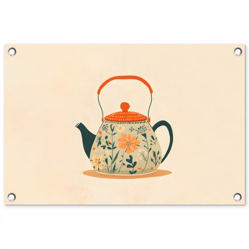 Tuinposter - Oranje - Theepot - Bloemen - Bladeren