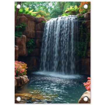 Tuinposter - Waterval in Bloeiende Tropische Tuin