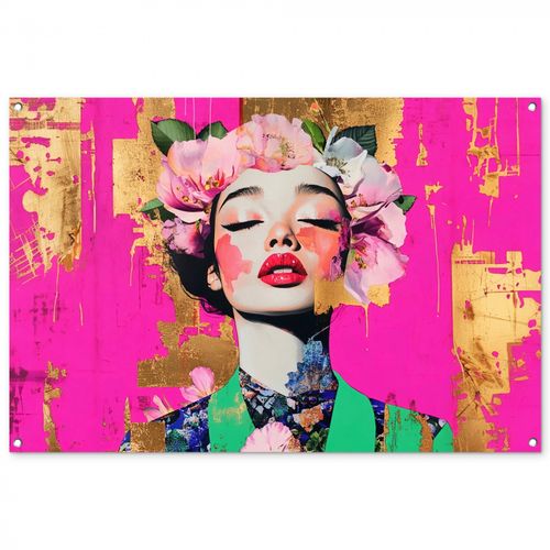 Tuinposter - Bloemenkroon - Goud - Vrouw - Portret