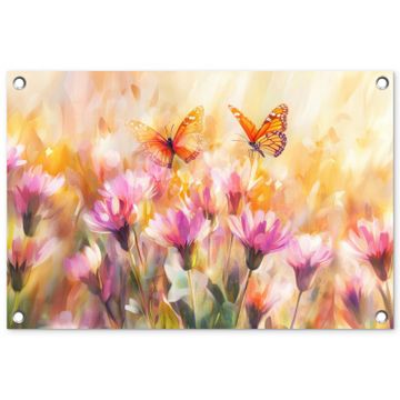 Tuinposter - Vlinders - Oranje - Bloemen