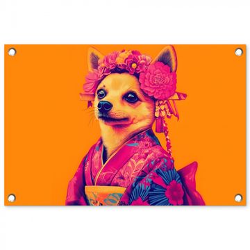 Tuinposter - Kimono - Hondje - Bloemenkroon - Oranje
