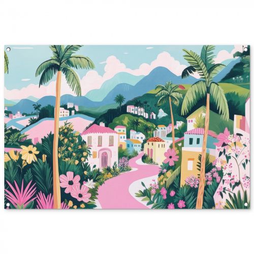 Tuinposter - Kleurrijk - Huizen - Heuvels - Roze