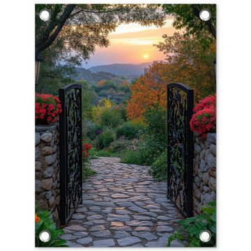 Tuinposter - Landschap - Hek - Pad - Zonsondergang - Natuur