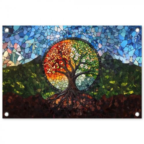 Tuinposter - Boom - Seizoenen - Mozaïek - Bergen