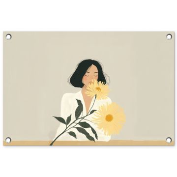 Tuinposter - Vrouw - Bloem - Geel - Minimalistisch