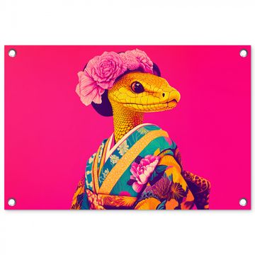 Tuinposter - Hagedis - Bloemen - Roze - Kimono