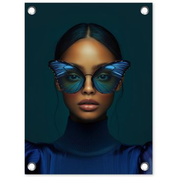 Tuinposter - Vrouw - Vlinder - Bril - Blauw - Modern - Portret