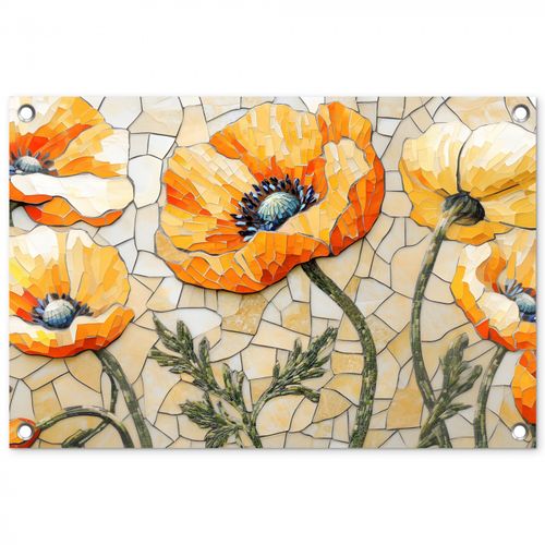 Tuinposter - Klaprozen - Oranje - Mozaïek - Bladeren