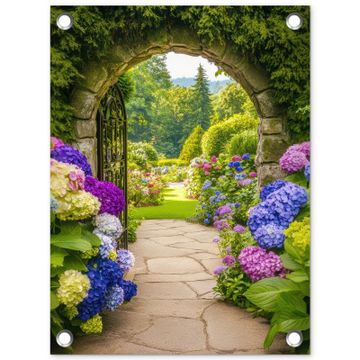 Tuinposter - Doorkijk - Poort - Hortensia - Bloementuin