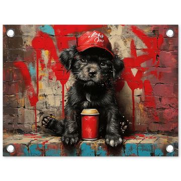 Tuinposter - Puppy met Rode Pet en Spuitbus