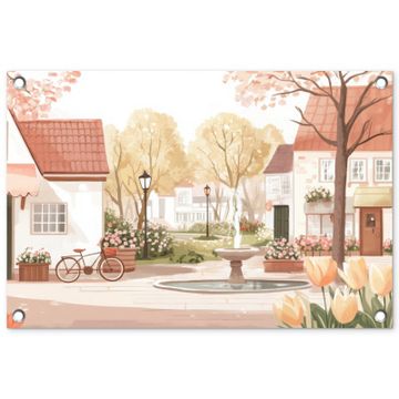 Tuinposter - Dorpsplein - Fontein - Tulpen