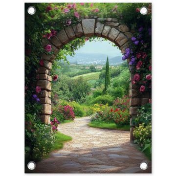 Tuinposter - Doorkijk - Landschap - Bloemen - Pad - Uitzicht