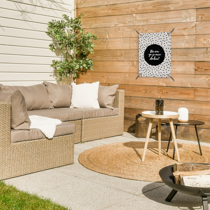 Quotes - Tekst - Hé zon ga je mee stralen? - Zon tuinposter los doek klein -sfeer4