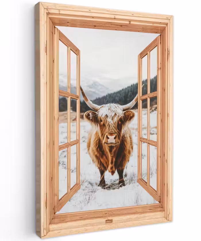 Buiten canvas - Schotse Hooglander - Landschap - Landelijk - Bergen - Winter - Doorkijk