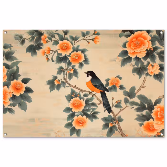 Tuinposter - Vogel - Tak - Bloemen - Oranje