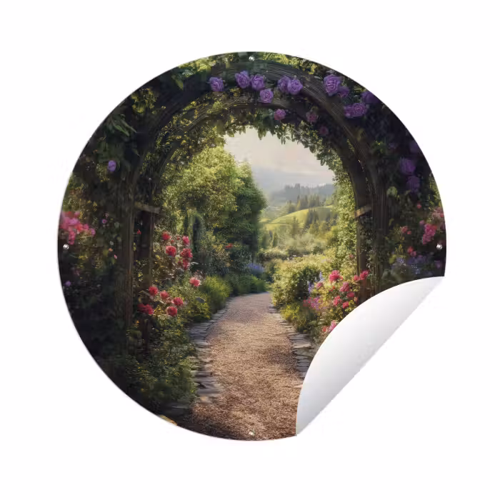 Tuinposter - Doorkijk - Landschap - Bloemen - Tuinboog - Natuur