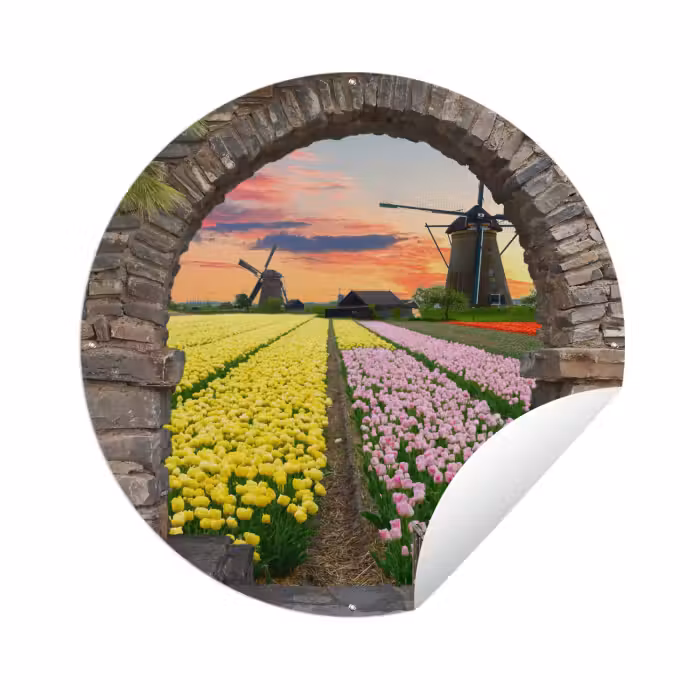 Tuinposter - Tulpen - Bloemen - Molen - Doorkijk