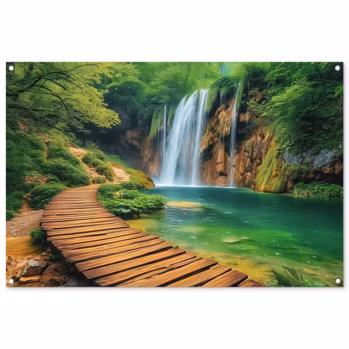 Tuinposter - Boswaterval met Houten Pad