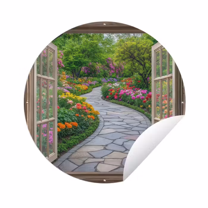 Tuinposter - Doorkijk - Bloemen - Tuinpad - Natuur - Raam